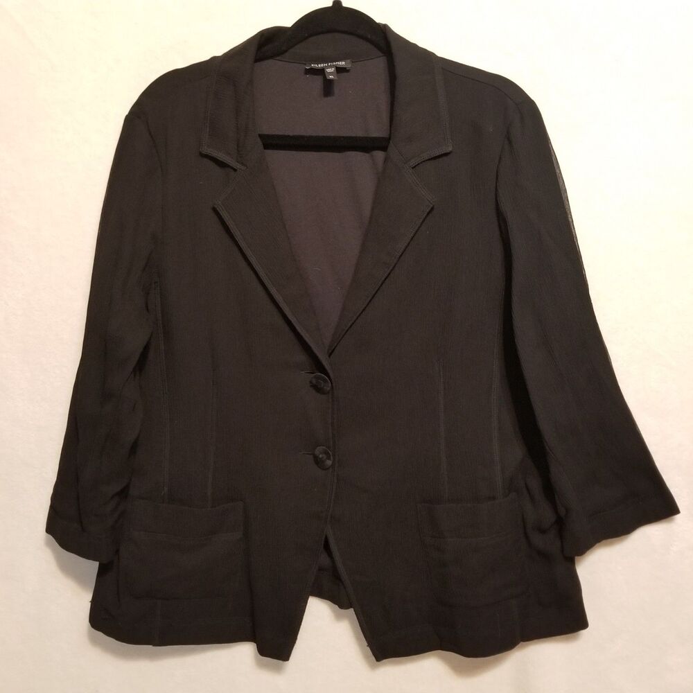 Eileen Fisher XL Blazer Silk Crepe Black Lined Lightweight Classic Office Layer